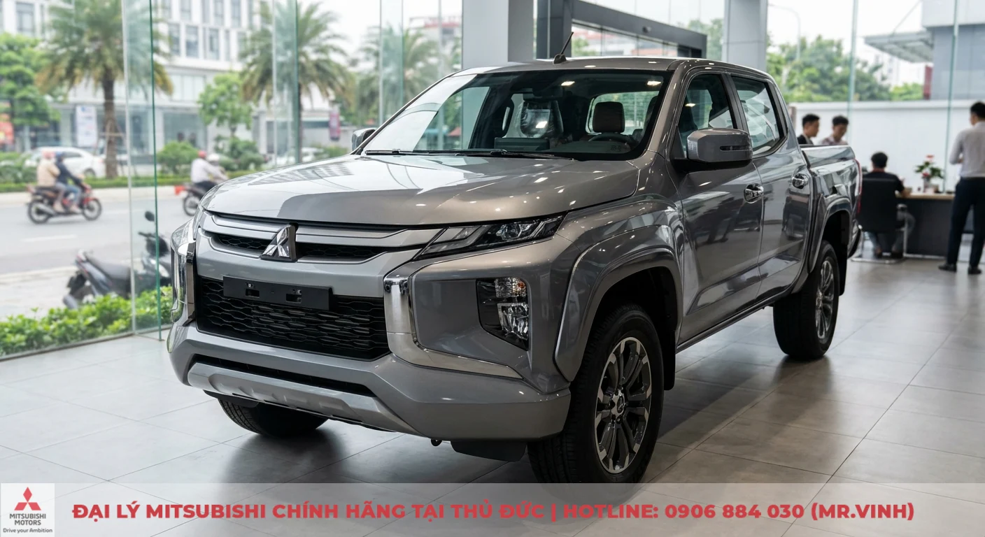 Chiếc b&aacute;n tải Mitsubishi Triton m&agrave;u x&aacute;m bạc với thiết kế Dynamic Shield mạnh mẽ, đ&egrave;n LED sắc sảo, đang trưng b&agrave;y trong showroom