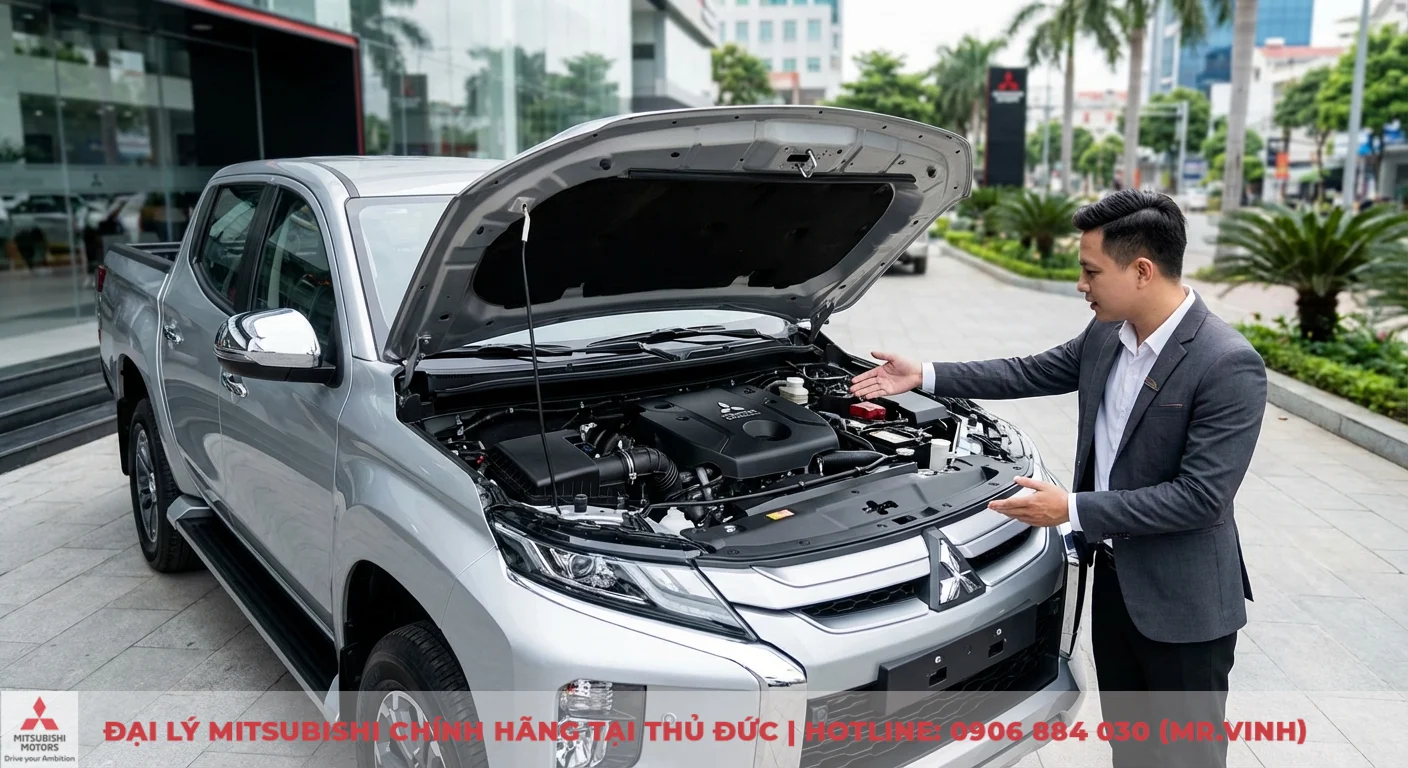 Xe b&aacute;n tải Mitsubishi Triton m&agrave;u bạc c&oacute; nắp capo mở, người đ&agrave;n &ocirc;ng mặc vest chỉ v&agrave;o chi tiết động cơ