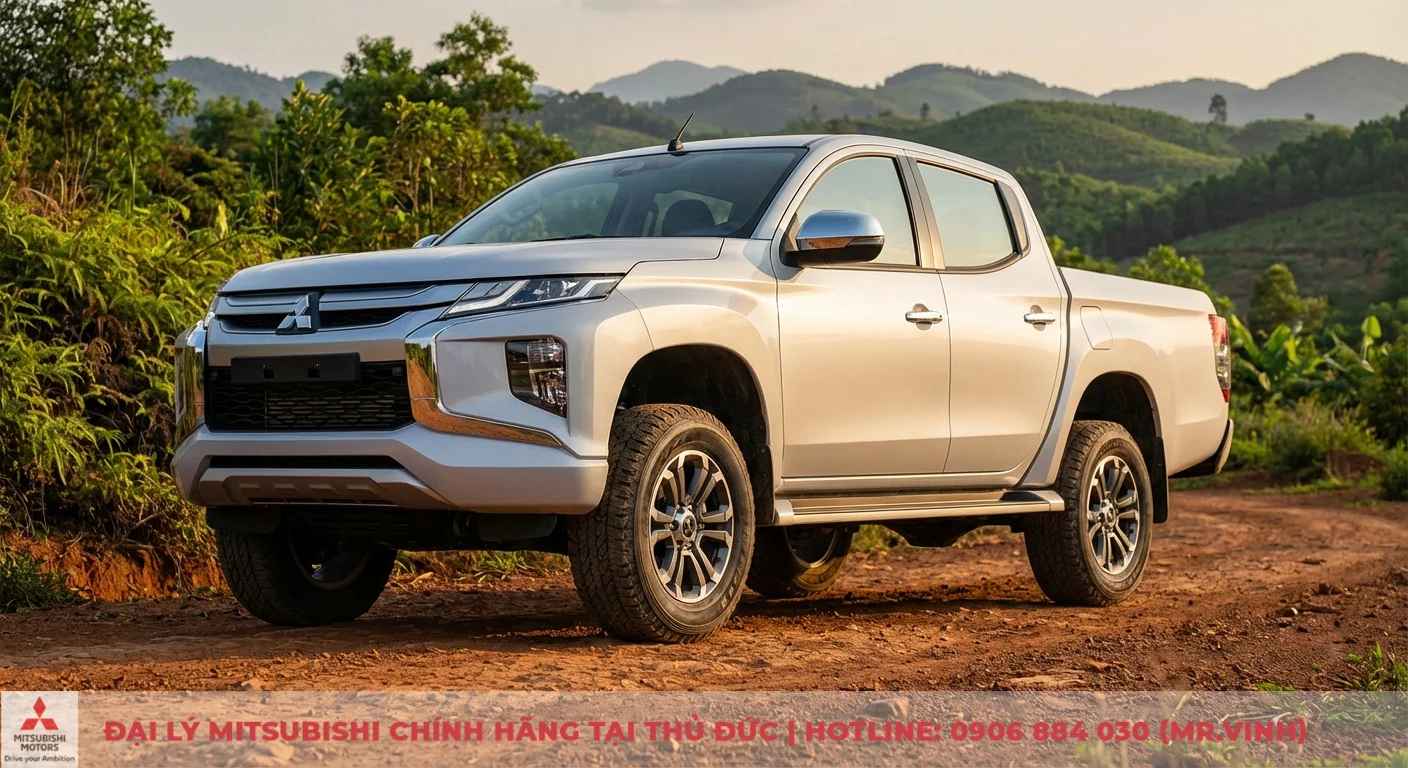 Xe b&aacute;n tải Mitsubishi Triton m&agrave;u bạc tr&ecirc;n đường đất với khung gầm cao v&agrave; lốp địa h&igrave;nh thể hiện khả năng vận h&agrave;nh tốt