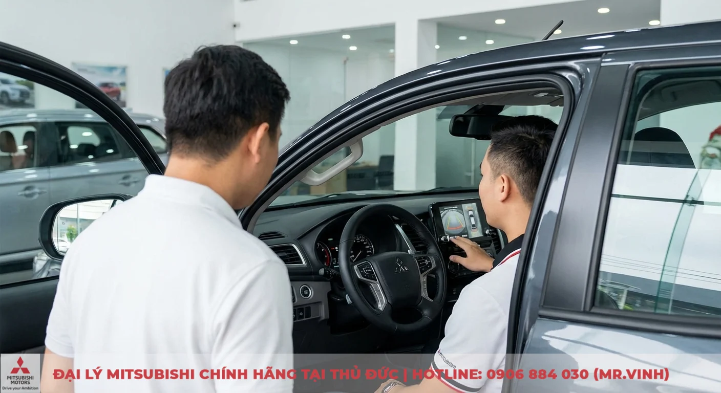Hai người đ&agrave;n &ocirc;ng xem x&eacute;t nội thất &ocirc; t&ocirc; Mitsubishi trong showroom, một người chạm m&agrave;n h&igrave;nh hiển thị hệ thống camera 360 độ