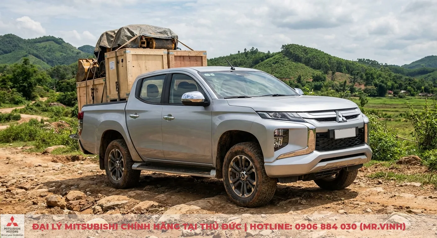 Xe b&aacute;n tải Mitsubishi Triton m&agrave;u bạc chở h&agrave;ng h&oacute;a th&ugrave;ng gỗ tr&ecirc;n đường đất đ&aacute; gồ ghề, cảnh đồi n&uacute;i xanh tươi