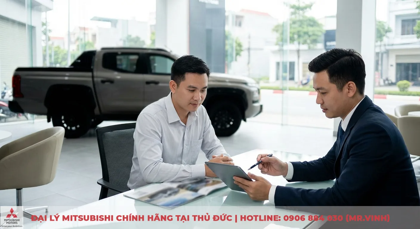 Hai người đ&agrave;n &ocirc;ng ngồi b&agrave;n trong đại l&yacute; &ocirc; t&ocirc;, một người giới thiệu th&ocirc;ng tin tr&ecirc;n m&aacute;y t&iacute;nh bảng cho kh&aacute;ch, xe b&aacute;n tải Mitsubishi Triton ph&iacute;a sau