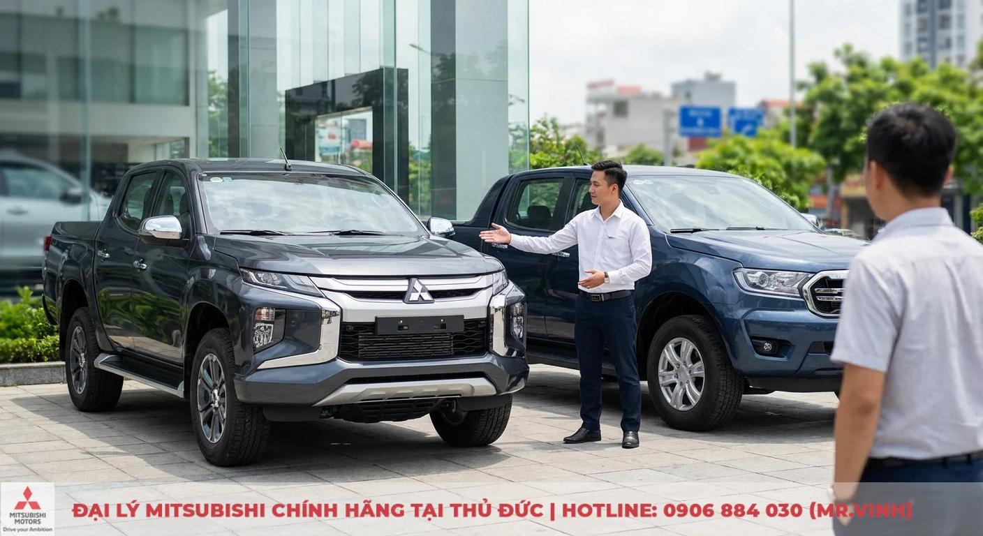 Hai xe b&aacute;n tải Mitsubishi Triton m&agrave;u x&aacute;m v&agrave; Ford Ranger m&agrave;u xanh cạnh nhau, nh&acirc;n vi&ecirc;n đang giới thiệu cho kh&aacute;ch h&agrave;ng