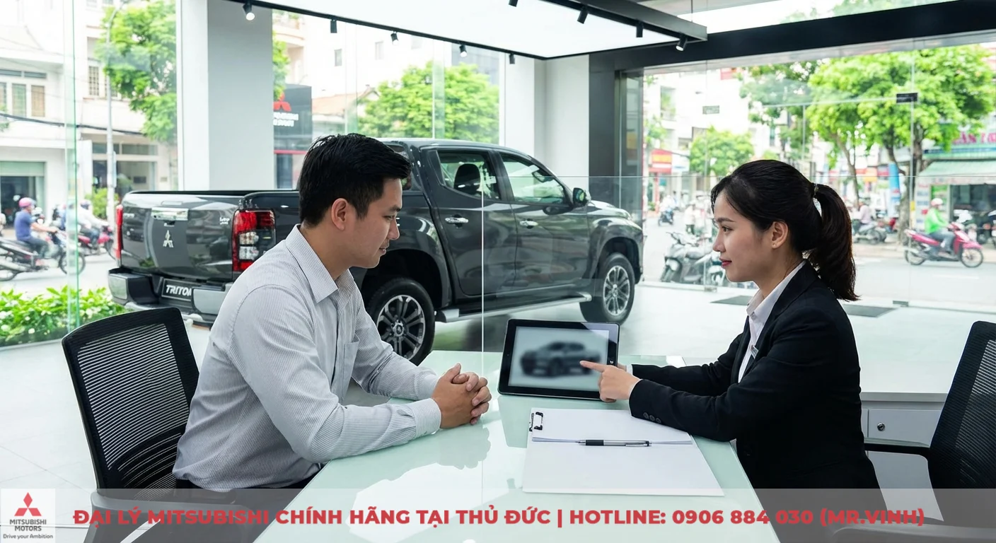 Kh&aacute;ch h&agrave;ng v&agrave; nh&acirc;n vi&ecirc;n tư vấn tại showroom Mitsubishi, đang xem xe b&aacute;n tải Triton tr&ecirc;n tablet với chiếc xe thật ph&iacute;a sau