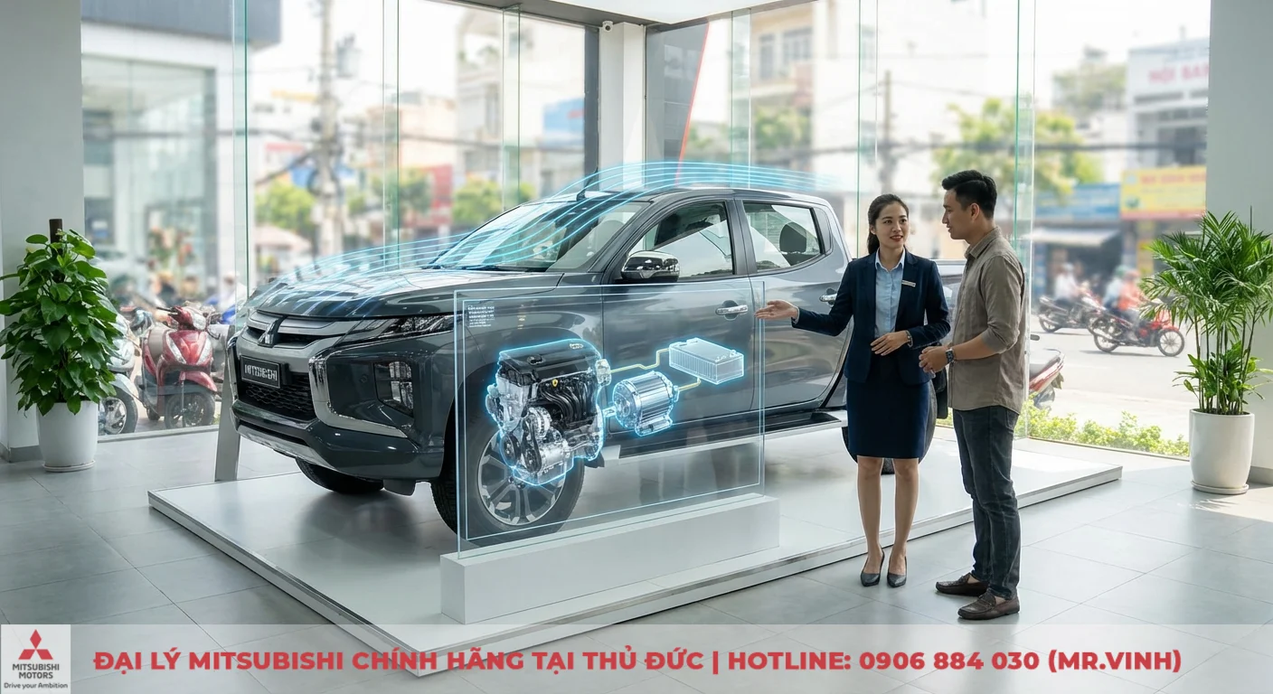 Tiêu hao nhiên liệu Triton 2026: Cập nhật và đánh giá dự kiến 1 Xe bán tải Mitsubishi Triton màu xám tại showroom, màn hình AR hiển thị động cơ, mô-tơ điện và pin, nhân viên tư vấn khách hàng
