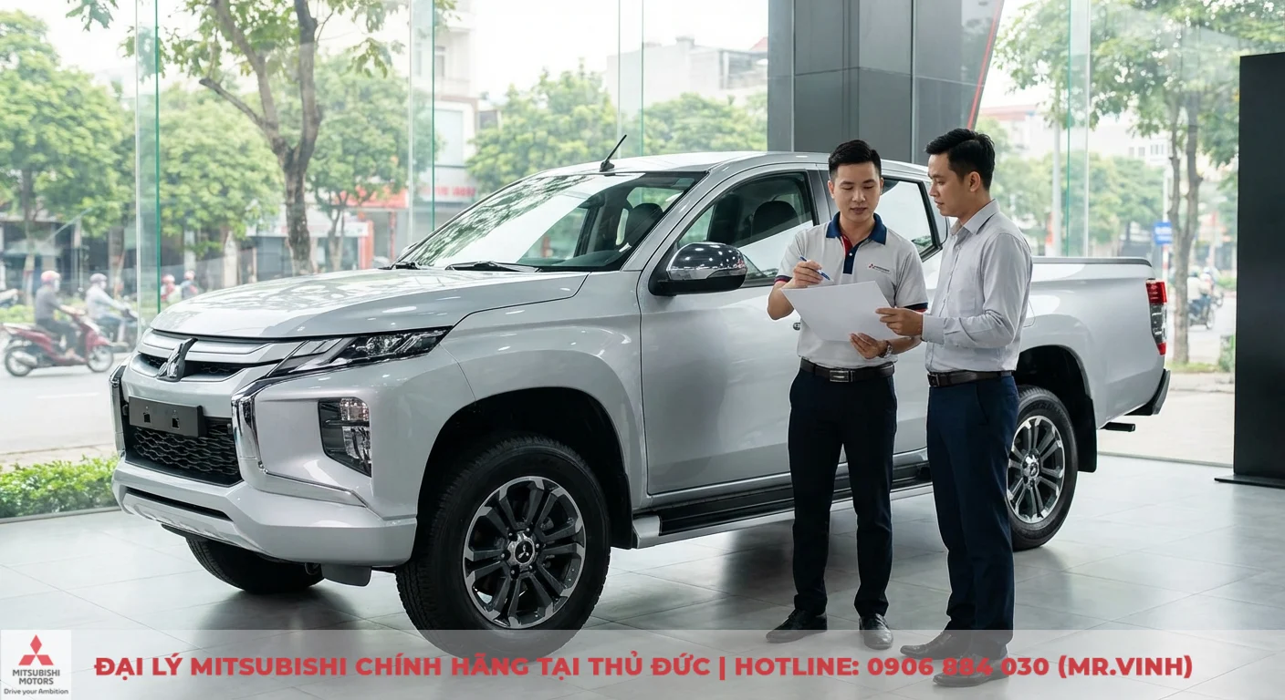 Tiêu hao nhiên liệu Triton 2026: Cập nhật và đánh giá dự kiến 2 Chiếc xe bán tải Mitsubishi Triton màu bạc trưng bày trong showroom, hai người đàn ông đang thảo luận tài liệu về xe