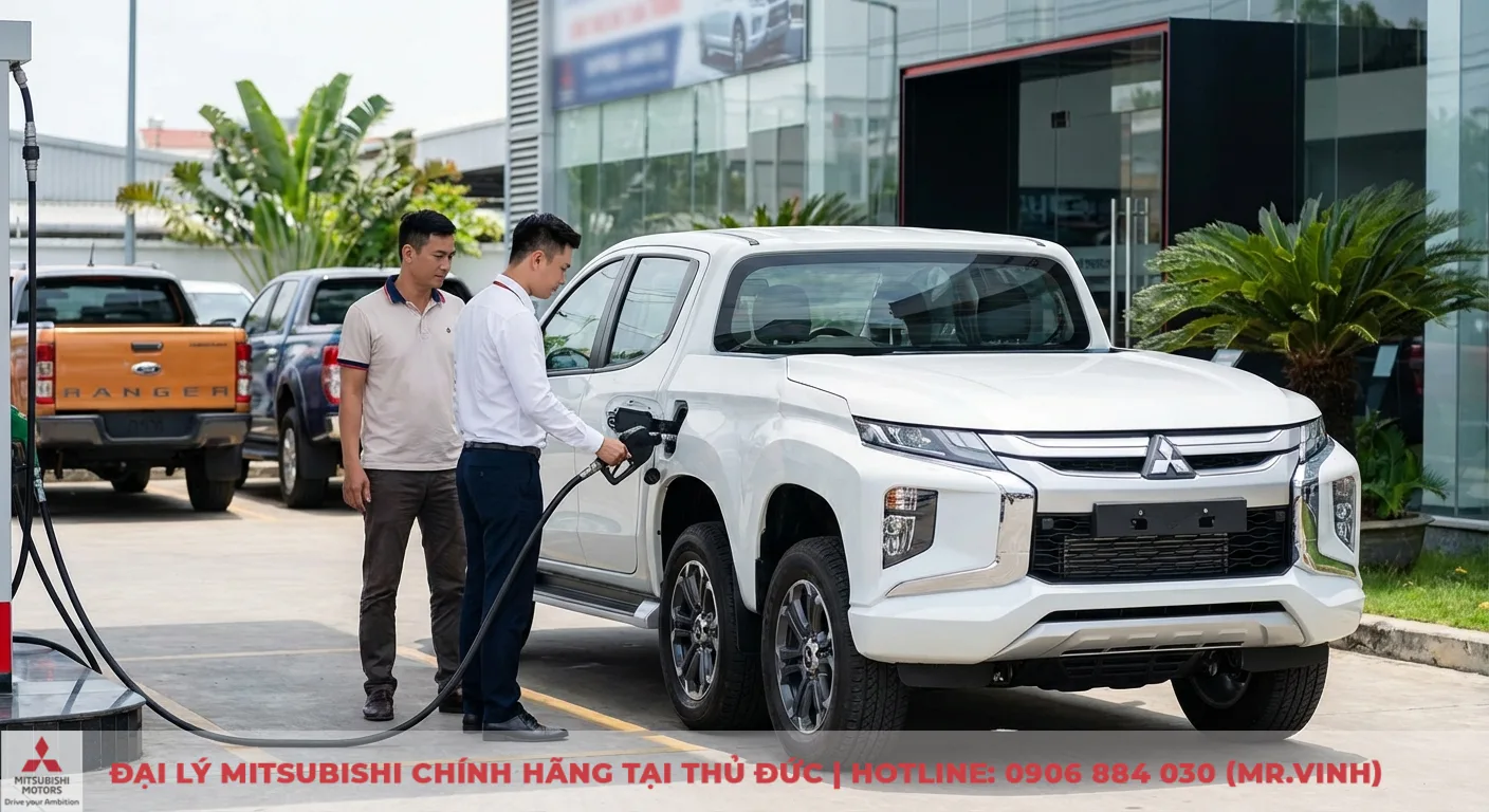 Tiêu hao nhiên liệu Triton 2026: Cập nhật và đánh giá dự kiến 3 Người đàn ông đổ xăng cho xe bán tải Mitsubishi Triton màu trắng, phía sau là xe Ford Ranger màu cam tại trạm xăng