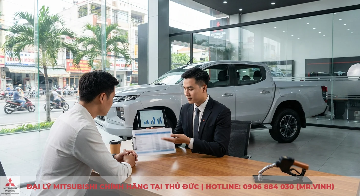 Tiêu hao nhiên liệu Triton 2026: Cập nhật và đánh giá dự kiến 4 Người bán hàng trình bày biểu đồ chi phí vận hành xe Mitsubishi Triton cho khách hàng tại đại lý, có xe bán tải và mô hình vòi bơm xăng