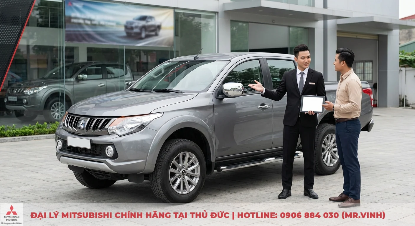 Tiêu hao nhiên liệu Triton 2026: Cập nhật và đánh giá dự kiến 5 Nhân viên bán hàng chỉ vào xe bán tải Mitsubishi Triton màu xám khi khách hàng xem máy tính bảng tại showroom ô tô