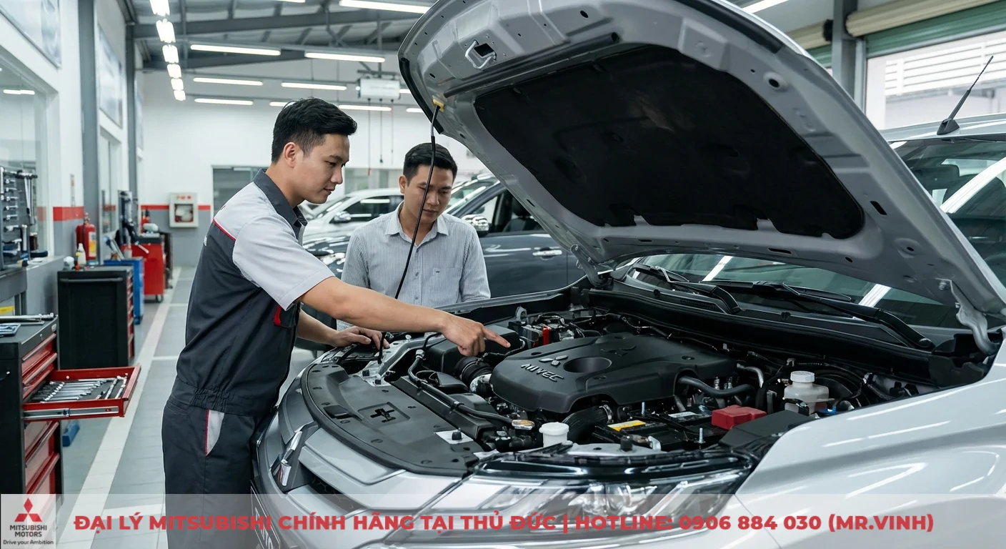 Hai người đ&agrave;n &ocirc;ng kiểm tra động cơ MIVEC của xe Triton m&agrave;u bạc trong xưởng sửa chữa, thợ m&aacute;y đang giải th&iacute;ch