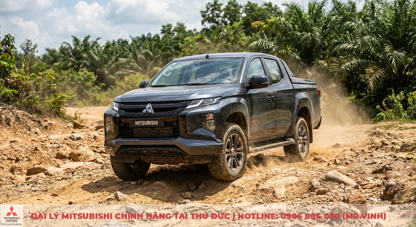 Xe b&aacute;n tải Mitsubishi Triton Athlete 4x4 m&agrave;u x&aacute;m đang chạy tr&ecirc;n đường đất đ&aacute; gồ ghề, bụi bay m&ugrave; mịt giữa rừng c&acirc;y
