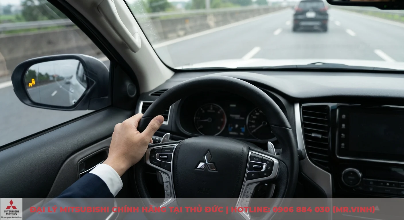 Người l&aacute;i cầm v&ocirc; lăng xe Mitsubishi với c&aacute;c n&uacute;t điều khiển ADAS tr&ecirc;n đường cao tốc, gương chiếu hậu tr&aacute;i hiển thị cảnh b&aacute;o điểm m&ugrave;