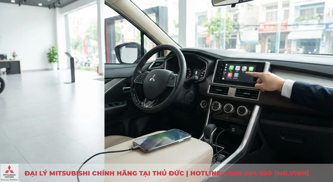 Nội thất &ocirc; t&ocirc; hiển thị m&agrave;n h&igrave;nh th&ocirc;ng tin giải tr&iacute; với giao diện Apple CarPlay v&agrave; điện thoại th&ocirc;ng minh đang sạc qua c&aacute;p USB, tay người d&ugrave;ng chạm m&agrave;n h&igrave;nh