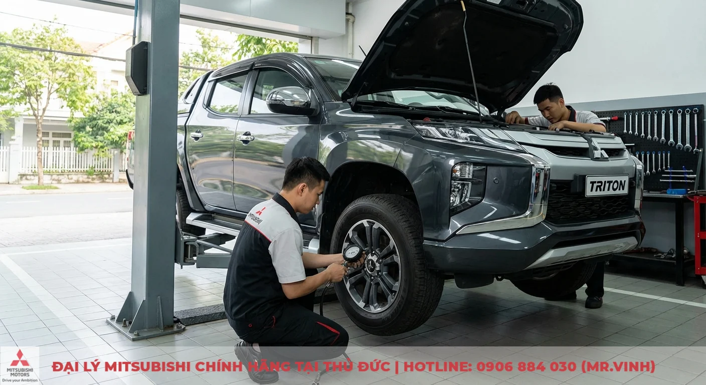Hai thợ sửa xe Mitsubishi kiểm tra v&agrave; bảo dưỡng xe b&aacute;n tải Triton m&agrave;u x&aacute;m trong xưởng, một người kiểm tra &aacute;p suất lốp, người kia kiểm tra động cơ