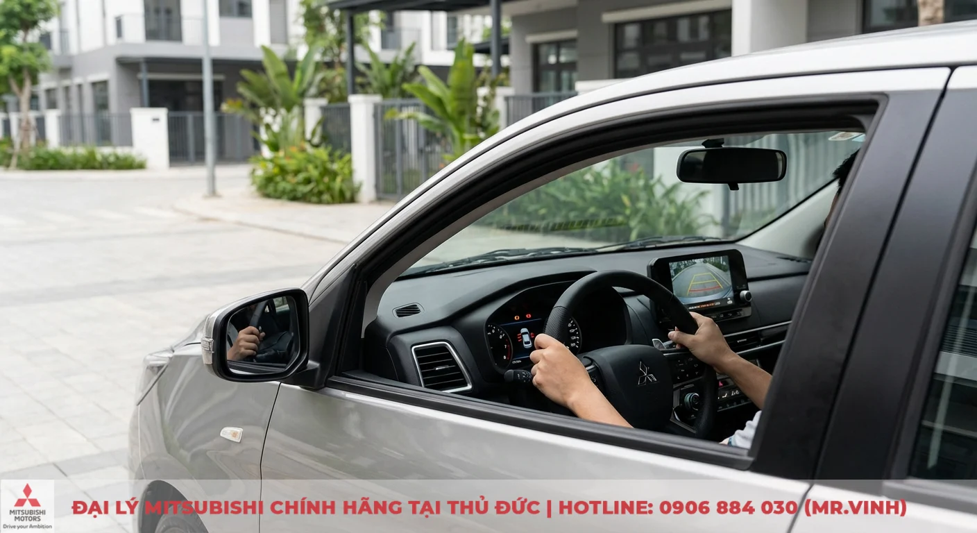 An toàn Attrage 2026: Đánh giá & dự đoán tính năng vượt trội 2 Công nghệ camera lùi Attrage 2026 hiển thị trên màn hình giúp người lái quan sát và đỗ xe an toàn