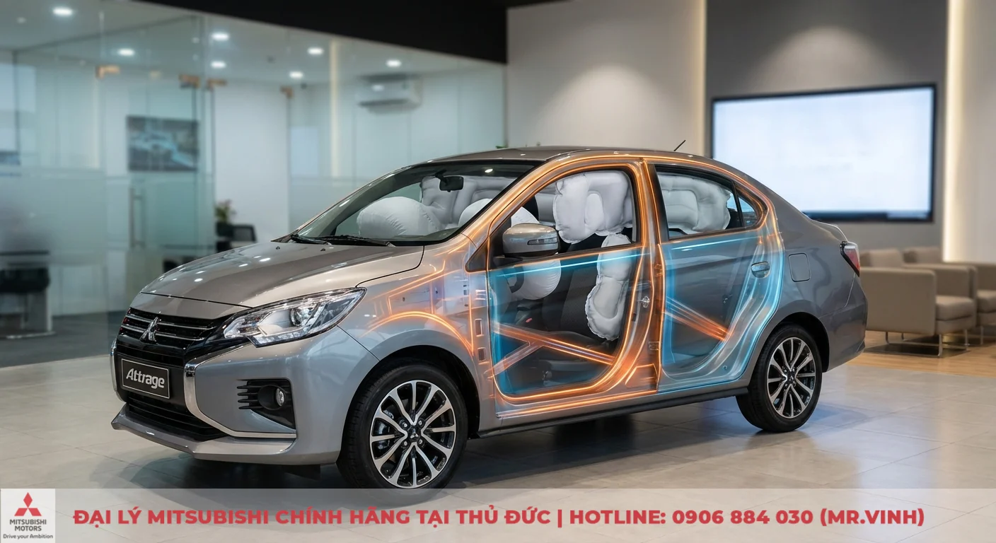 An toàn Attrage 2026: Đánh giá & dự đoán tính năng vượt trội 3 Mitsubishi Attrage với cấu trúc khung xe RISE và hệ thống túi khí hiển thị, khẳng định hiệu quả an toàn đạt chuẩn ASEAN NCAP
