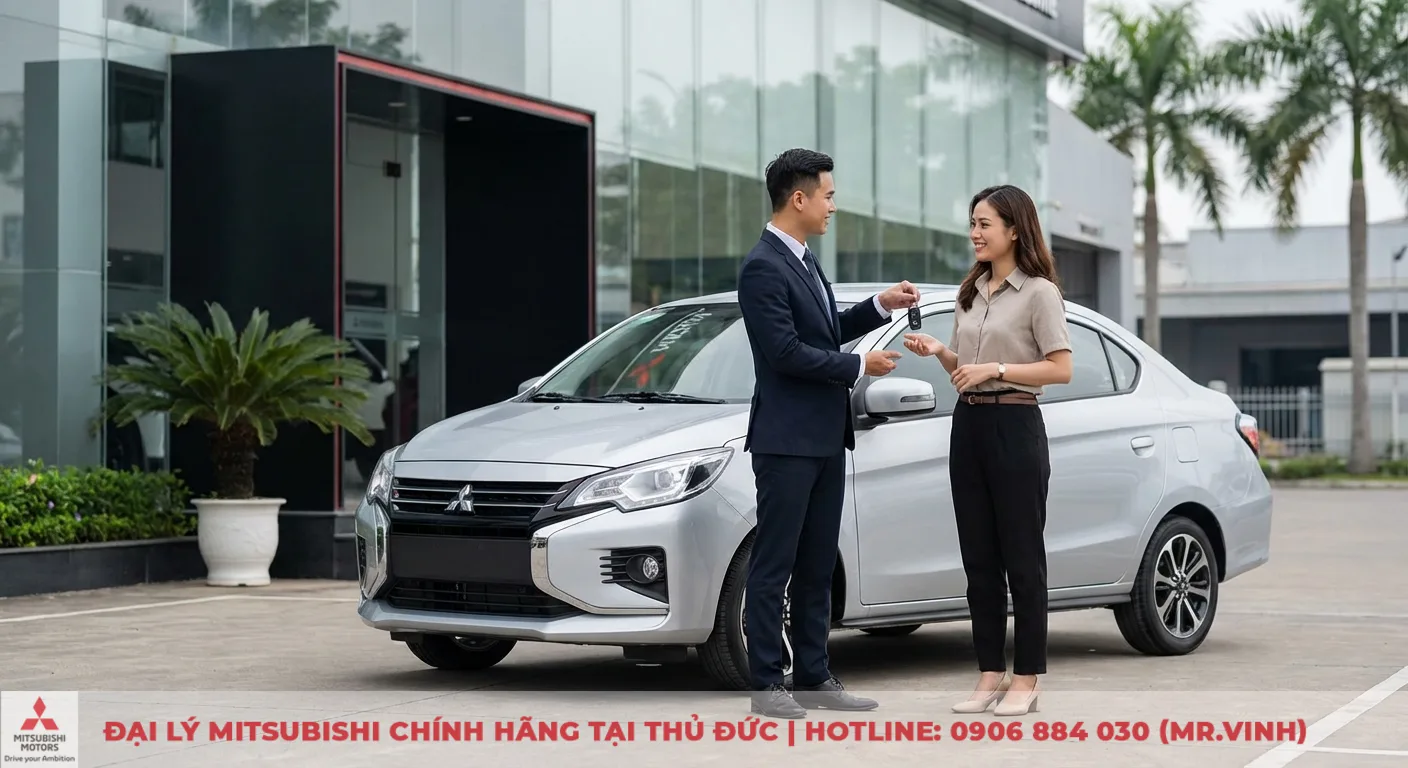An toàn Attrage 2026: Đánh giá & dự đoán tính năng vượt trội 4 Nữ khách hàng nhận chìa khóa xe Mitsubishi Attrage từ nhân viên tại đại lý Mitsubishi Sài Gòn 3S để lái thử trải nghiệm an toàn
