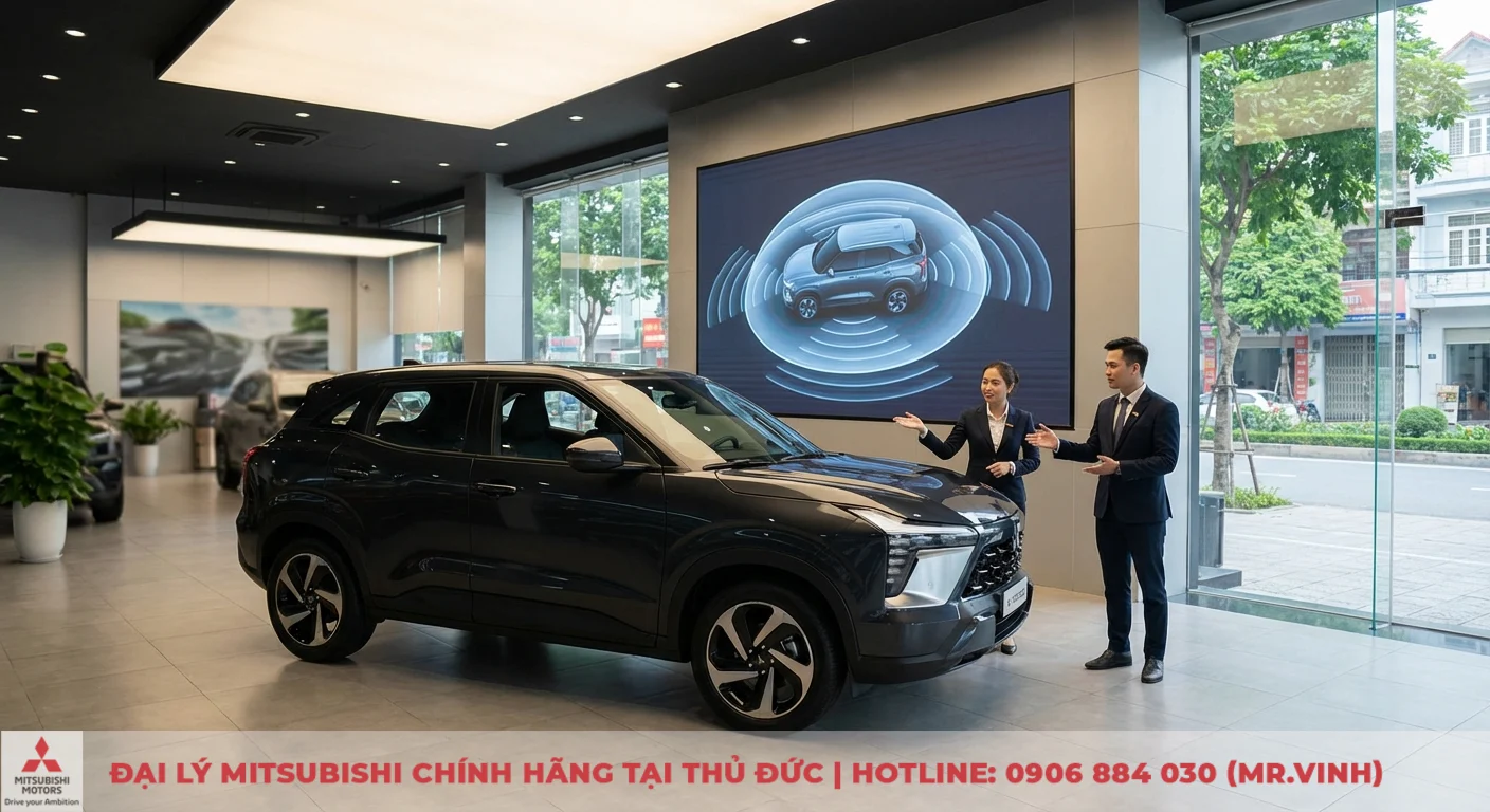 Một showroom &ocirc; t&ocirc; hiện đại trưng b&agrave;y SUV m&agrave;u x&aacute;m, hai nh&acirc;n vi&ecirc;n đang giới thiệu xe v&agrave; m&agrave;n h&igrave;nh lớn hiển thị c&ocirc;ng nghệ an to&agrave;n