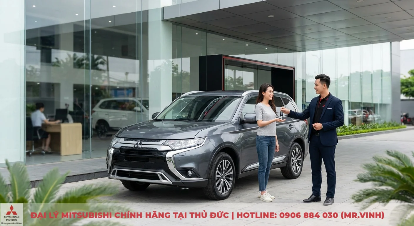 Tư vấn vi&ecirc;n nam trao ch&igrave;a kh&oacute;a xe Mitsubishi SUV m&agrave;u x&aacute;m cho kh&aacute;ch h&agrave;ng nữ tại showroom &ocirc; t&ocirc; k&iacute;nh lớn