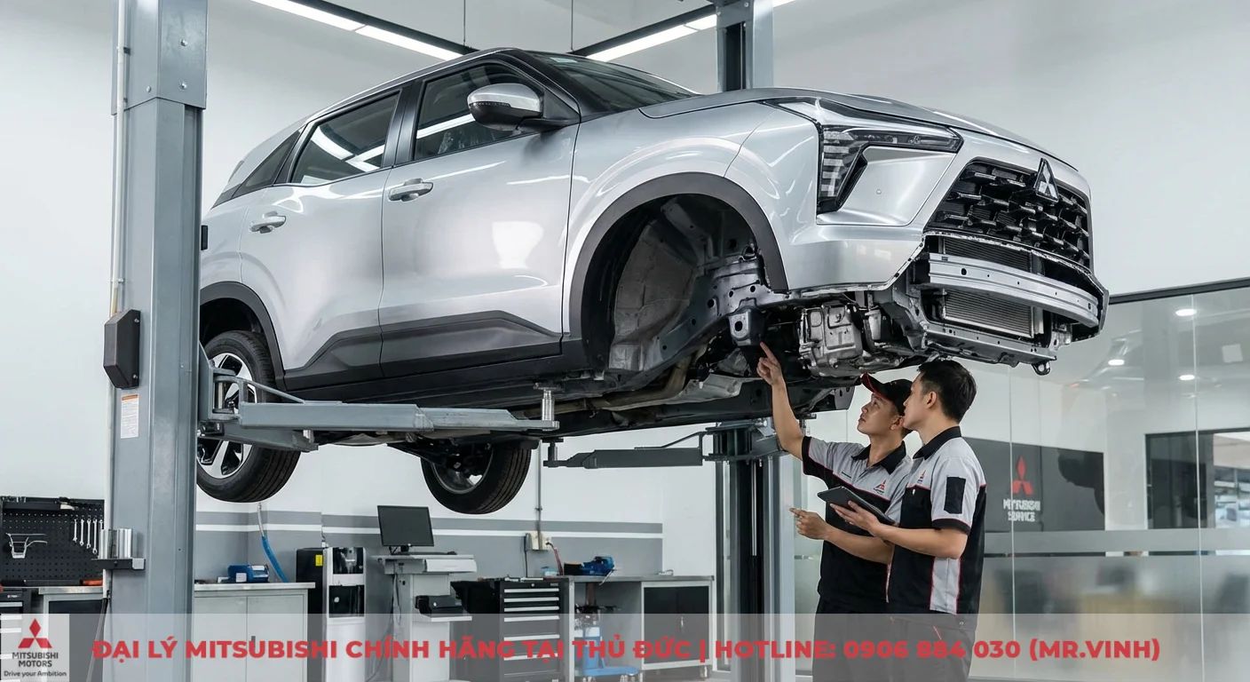 An toàn Mitsubishi XFORCE 2026: Túi khí, ADAS và bảo vệ toàn diện 1 Khung gầm RISE và cấu trúc hấp thụ xung lực an toàn của Mitsubishi XFORCE 2026 được kỹ thuật viên kiểm tra chi tiết