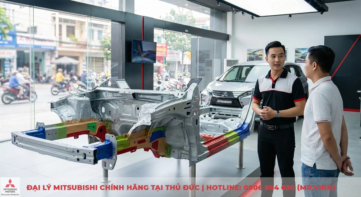 Triết l&yacute; an to&agrave;n Mitsubishi Xpander với khung gầm RISE, thể hiện c&aacute;c v&ugrave;ng hấp thụ v&agrave; ph&acirc;n t&aacute;n xung lực