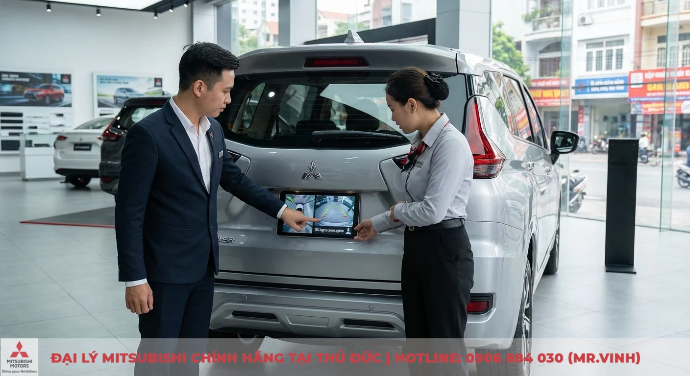 T&iacute;nh năng hỗ trợ quan s&aacute;t, đỗ xe th&ocirc;ng minh của hệ thống ADAS tr&ecirc;n Xpander 2026 hiển thị camera 360 độ