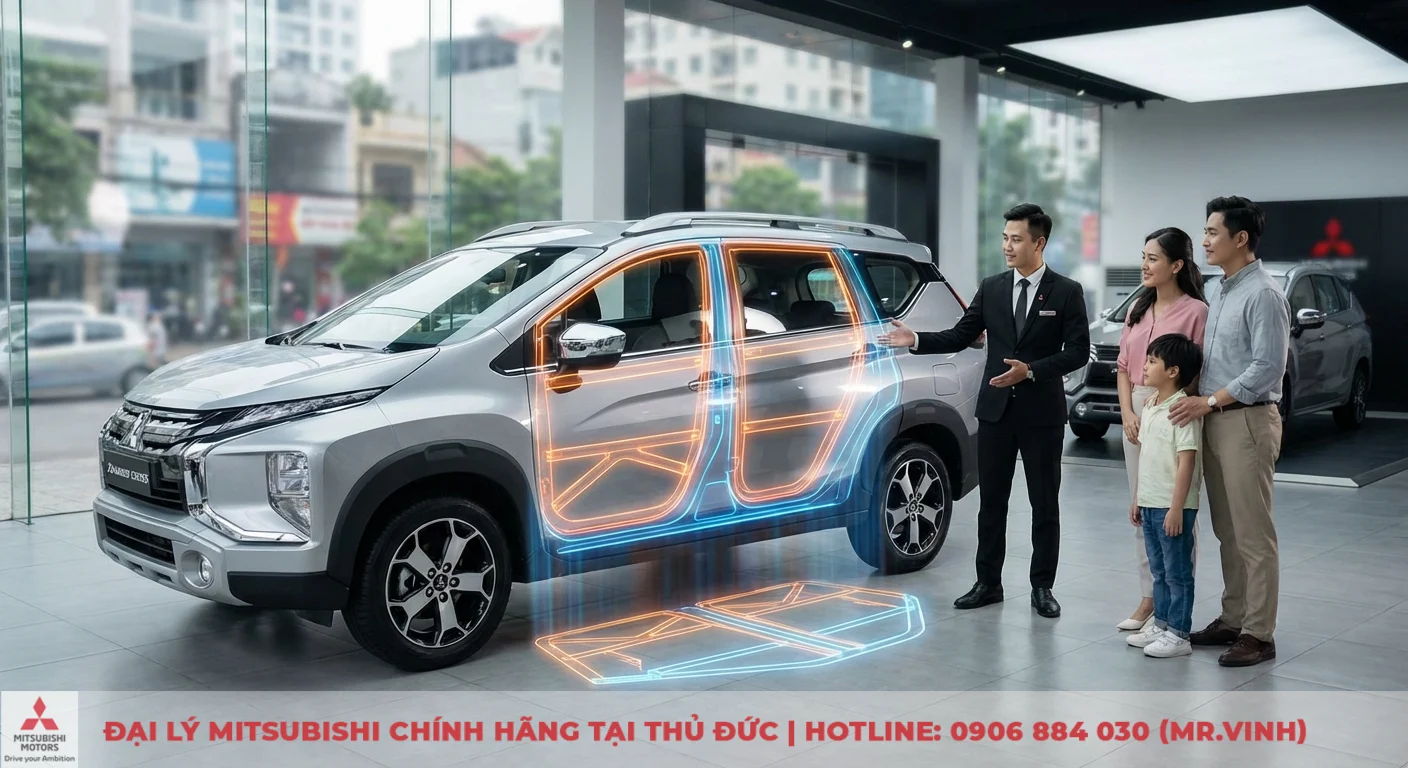 Mitsubishi Xpander Cross 2026 hiển thị cấu tr&uacute;c khung xe RISE an to&agrave;n cho gia đ&igrave;nh tại showroom