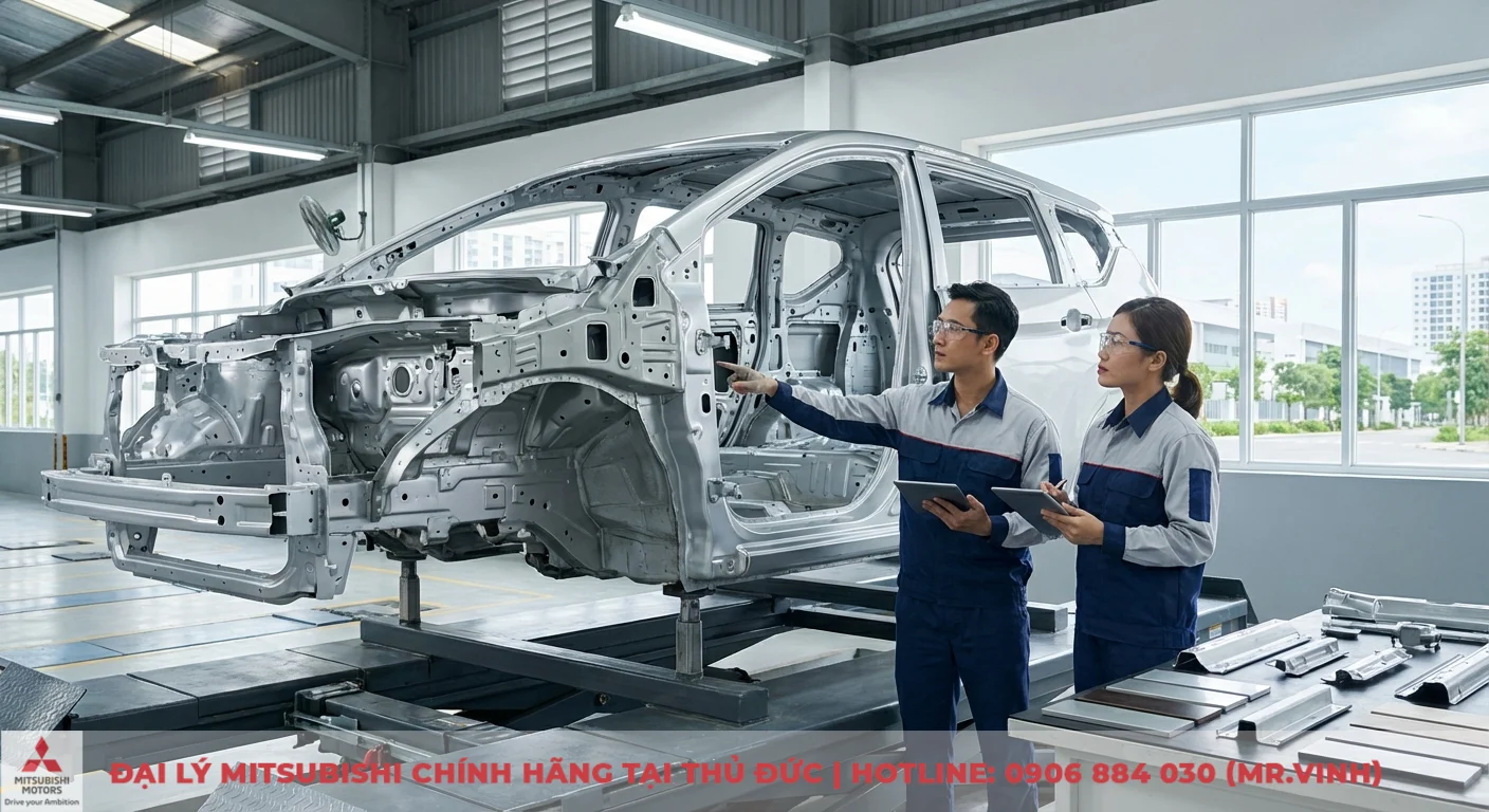 Kỹ sư kiểm tra cấu tr&uacute;c th&acirc;n xe Xpander Cross 2026, cải tiến vật liệu th&eacute;p tăng cường an to&agrave;n