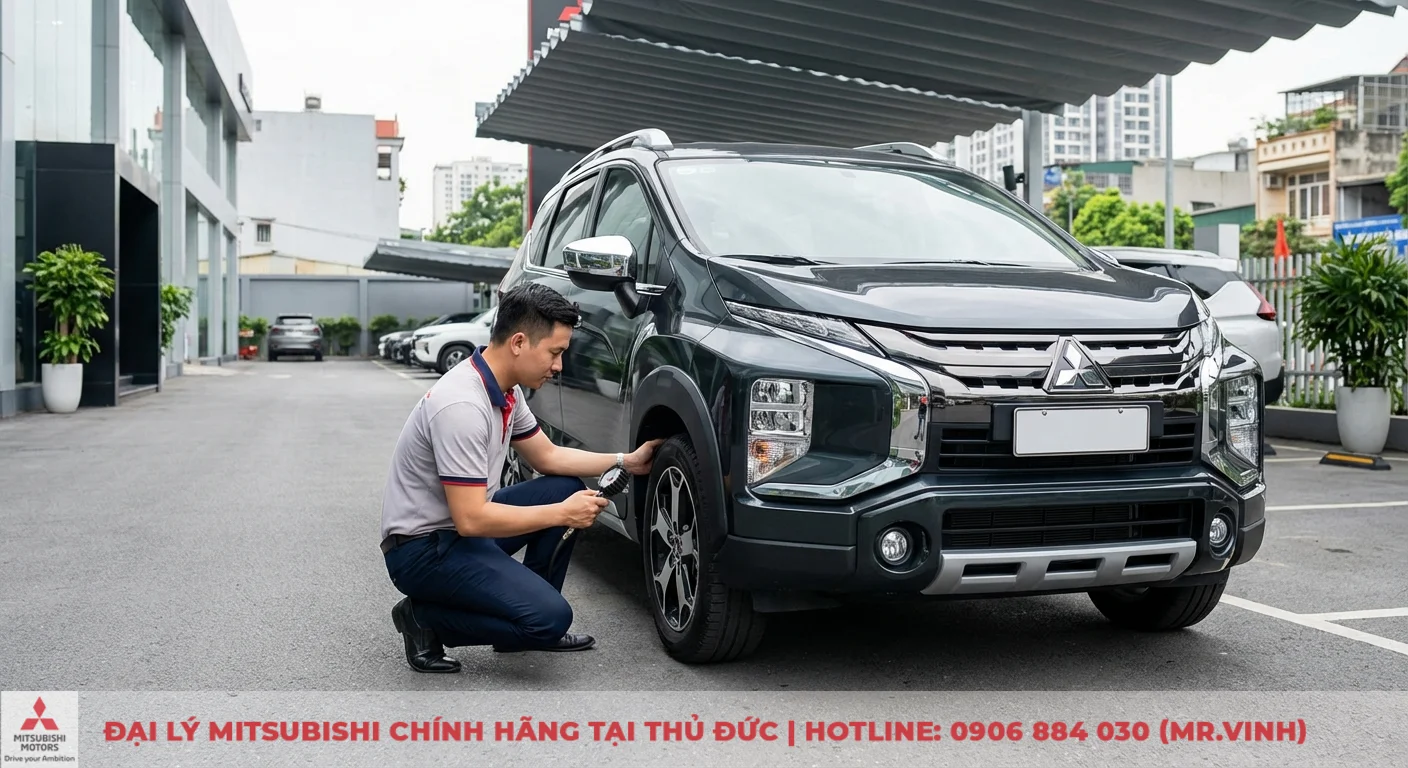 Kỹ thuật vi&ecirc;n kiểm tra &aacute;p suất lốp trước của Xpander Cross 2026, đảm bảo an to&agrave;n tối ưu khi vận h&agrave;nh xe