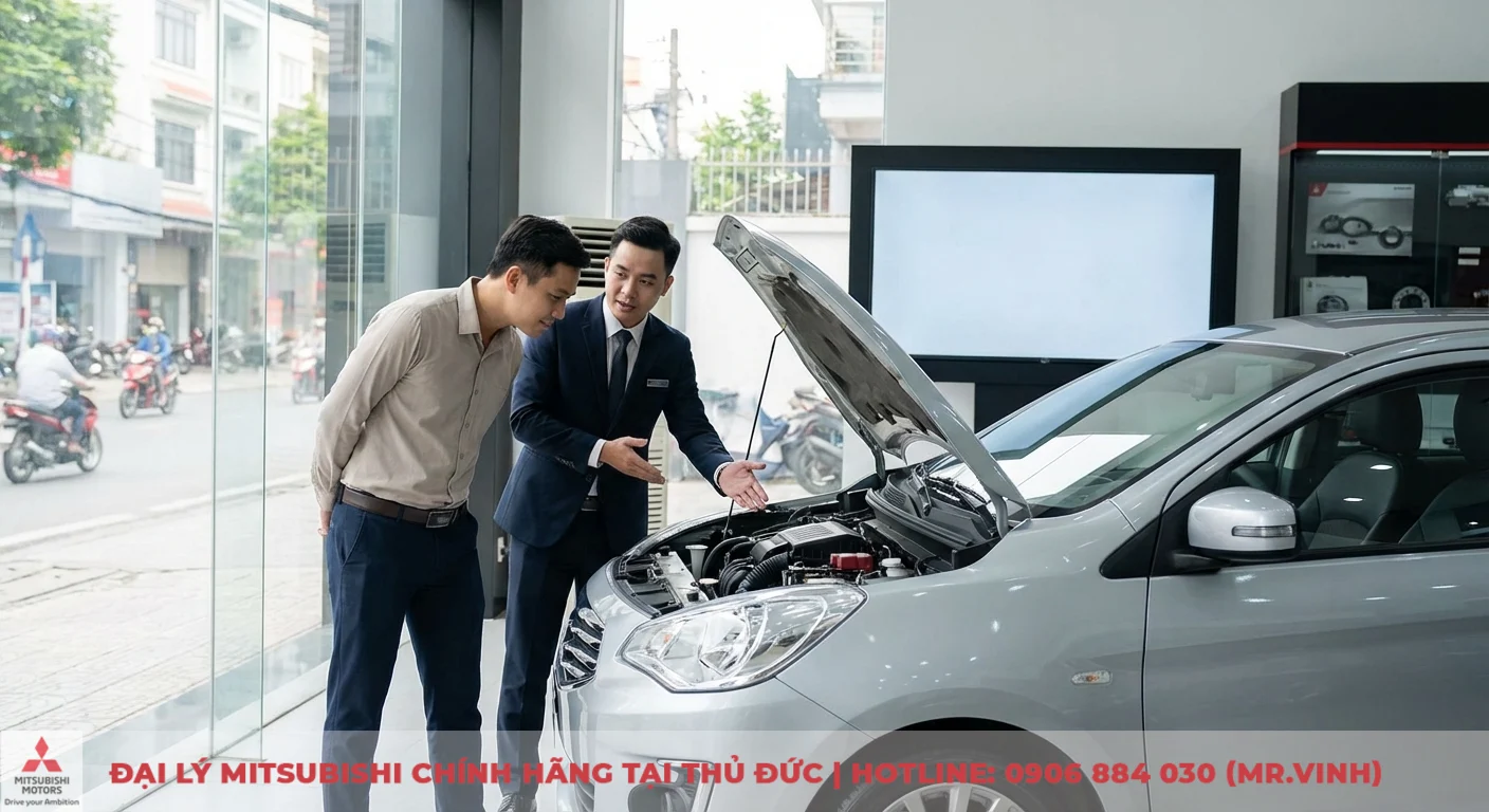Động cơ Mitsubishi Attrage 2026 đang được nh&acirc;n vi&ecirc;n kinh doanh giải th&iacute;ch về hiệu suất v&agrave; khả năng vận h&agrave;nh cho kh&aacute;ch h&agrave;ng