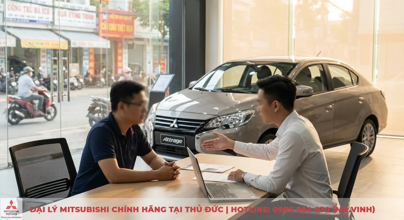 Kh&aacute;ch h&agrave;ng v&agrave; nh&acirc;n vi&ecirc;n tư vấn Mitsubishi thảo luận về xe Attrage, gi&aacute; b&aacute;n v&agrave; chương tr&igrave;nh khuyến m&atilde;i tại đại l&yacute;