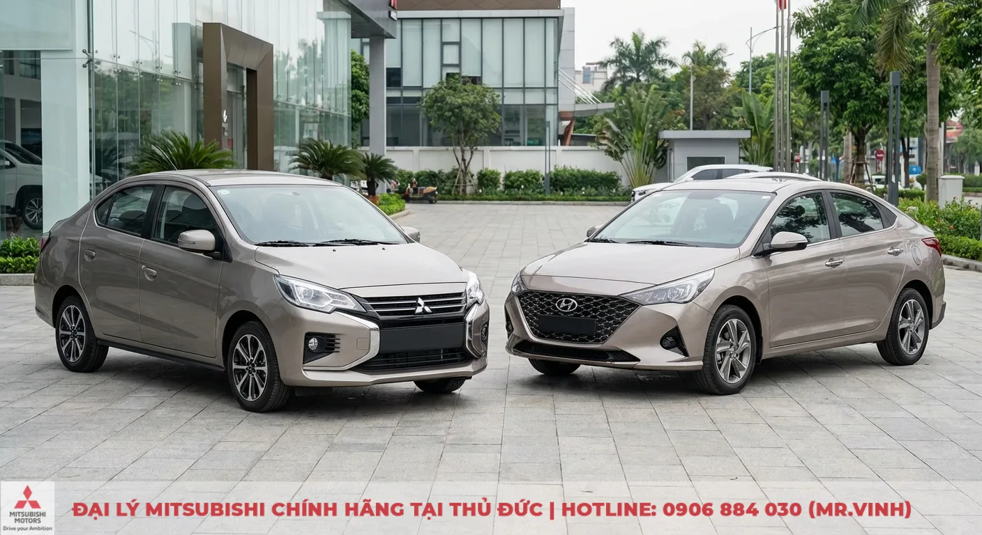 Ngoại thất Attrage (dự kiến 2026) v&agrave; Hyundai Accent m&agrave;u be so s&aacute;nh trực diện, thể hiện Attrage mạnh mẽ v&agrave; Accent thể thao mềm mại