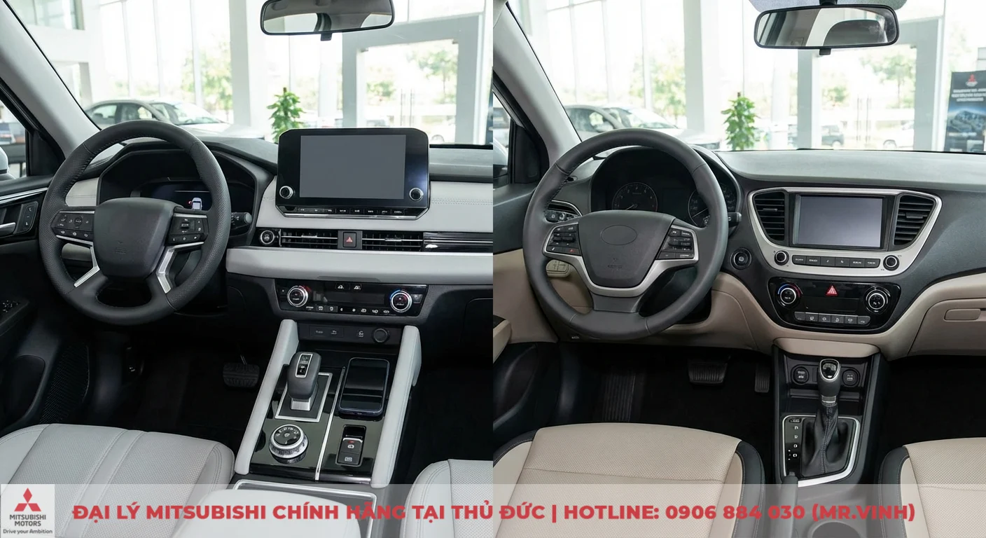 Nội thất Attrage 2026 hiện đại với m&agrave;n h&igrave;nh giải tr&iacute; lớn, cần số điện tử, so s&aacute;nh c&ugrave;ng nội thất Hyundai Accent tiện nghi truyền thống