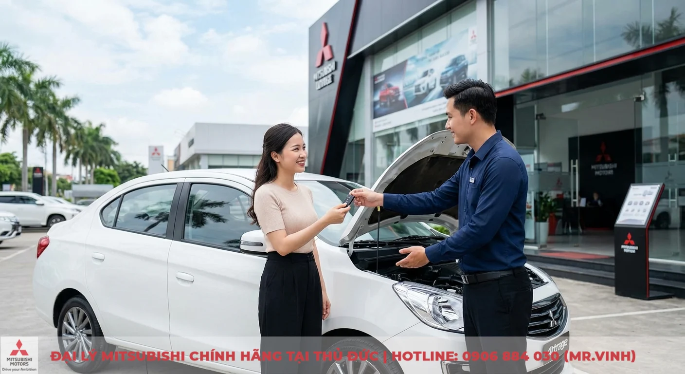 Nh&acirc;n vi&ecirc;n b&agrave;n giao ch&igrave;a kh&oacute;a xe Attrage trắng, với capo mở, cho kh&aacute;ch trải nghiệm động cơ MIVEC v&agrave; vận h&agrave;nh tiết kiệm nhi&ecirc;n liệu