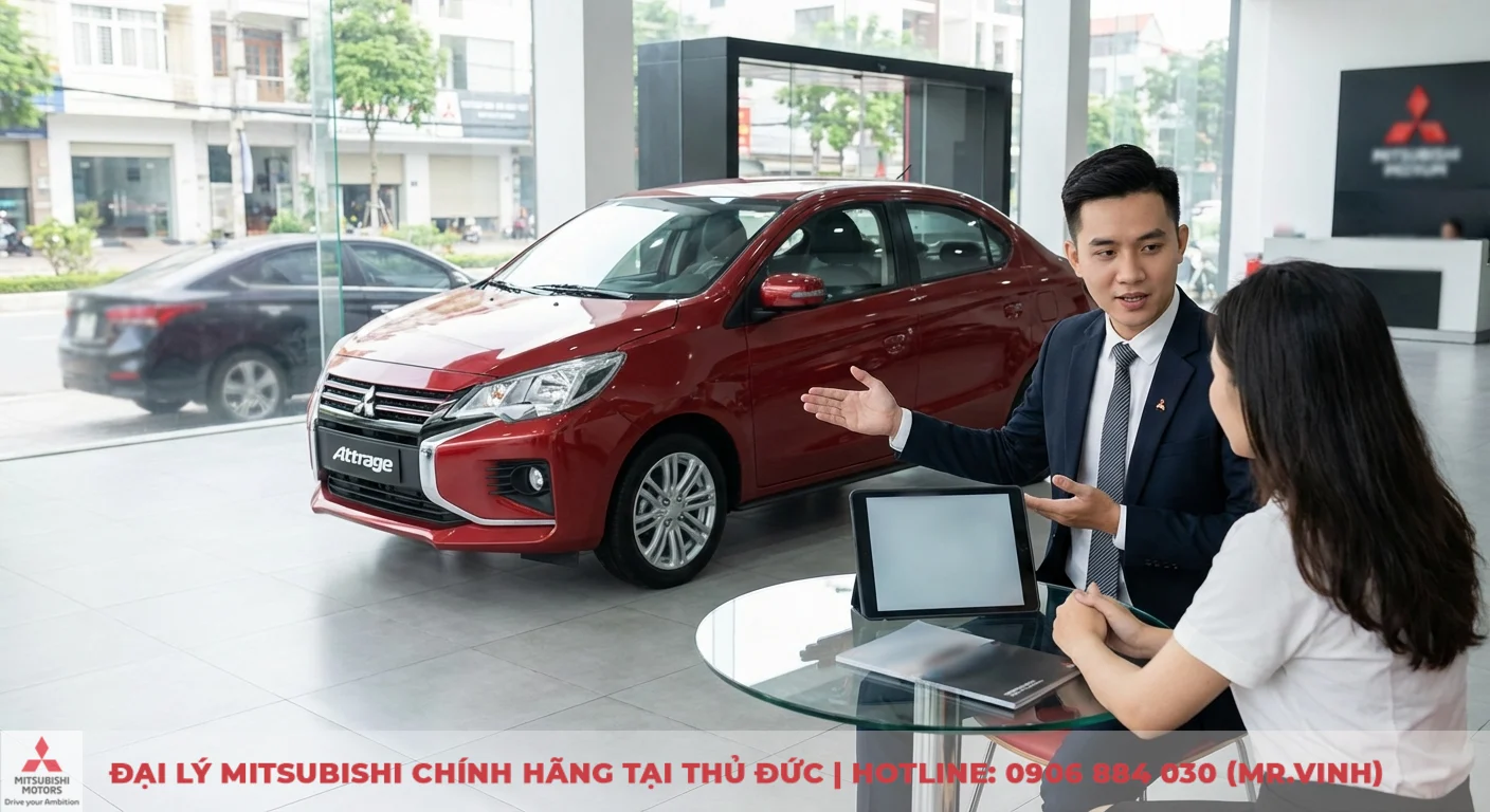 Người tư vấn tr&igrave;nh b&agrave;y t&iacute;nh năng an to&agrave;n Attrage 2026 cho kh&aacute;ch h&agrave;ng, xe Accent ở ngo&agrave;i showroom