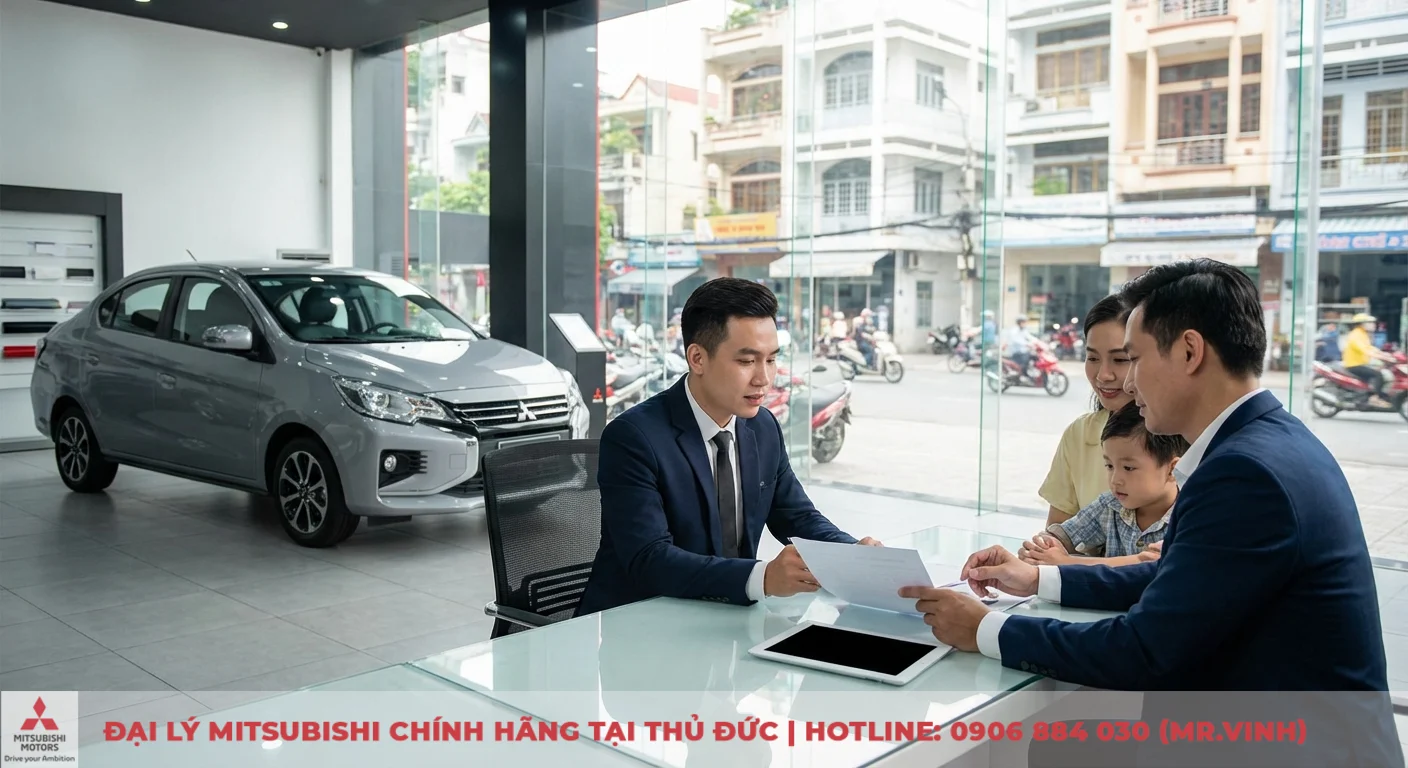 Kh&aacute;ch h&agrave;ng gia đ&igrave;nh được tư vấn chi tiết về Mitsubishi Attrage 2026 tại đại l&yacute;