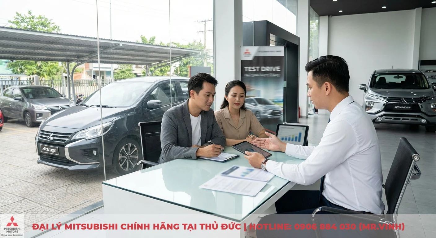 Nh&acirc;n vi&ecirc;n Mitsubishi S&agrave;i G&ograve;n 3S đưa lời khuy&ecirc;n chuy&ecirc;n s&acirc;u cho cặp đ&ocirc;i về xe Attrage v&agrave; chương tr&igrave;nh mua xe