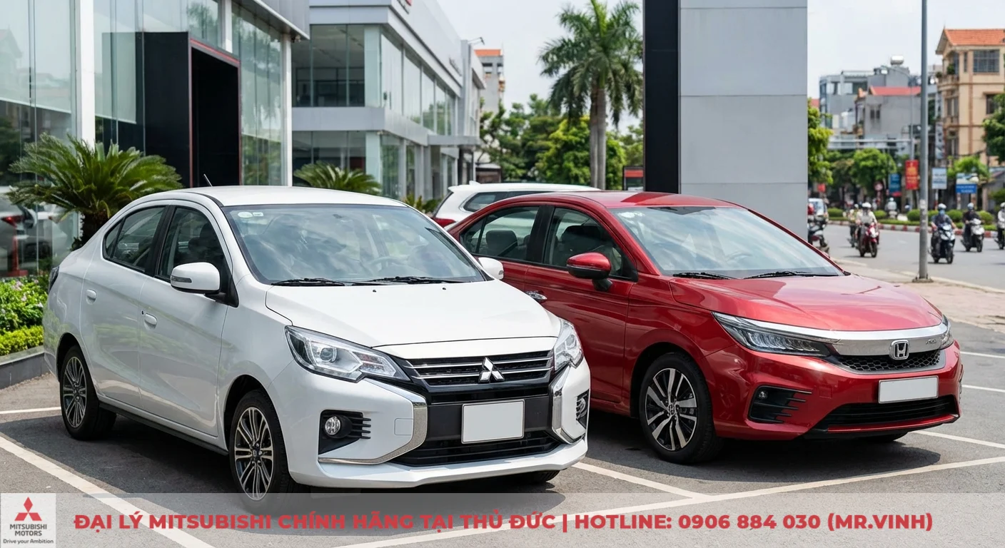 Mitsubishi Attrage trắng v&agrave; Honda City đỏ đậu cạnh, tổng quan phong c&aacute;ch thiết kế v&agrave; định vị thị trường