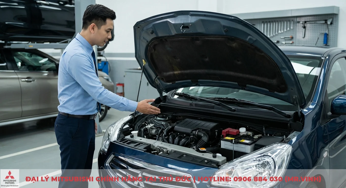 Động cơ xe hơi m&agrave;u xanh navy đang mở mui được nh&acirc;n vi&ecirc;n giải th&iacute;ch chi tiết về khả năng vận h&agrave;nh