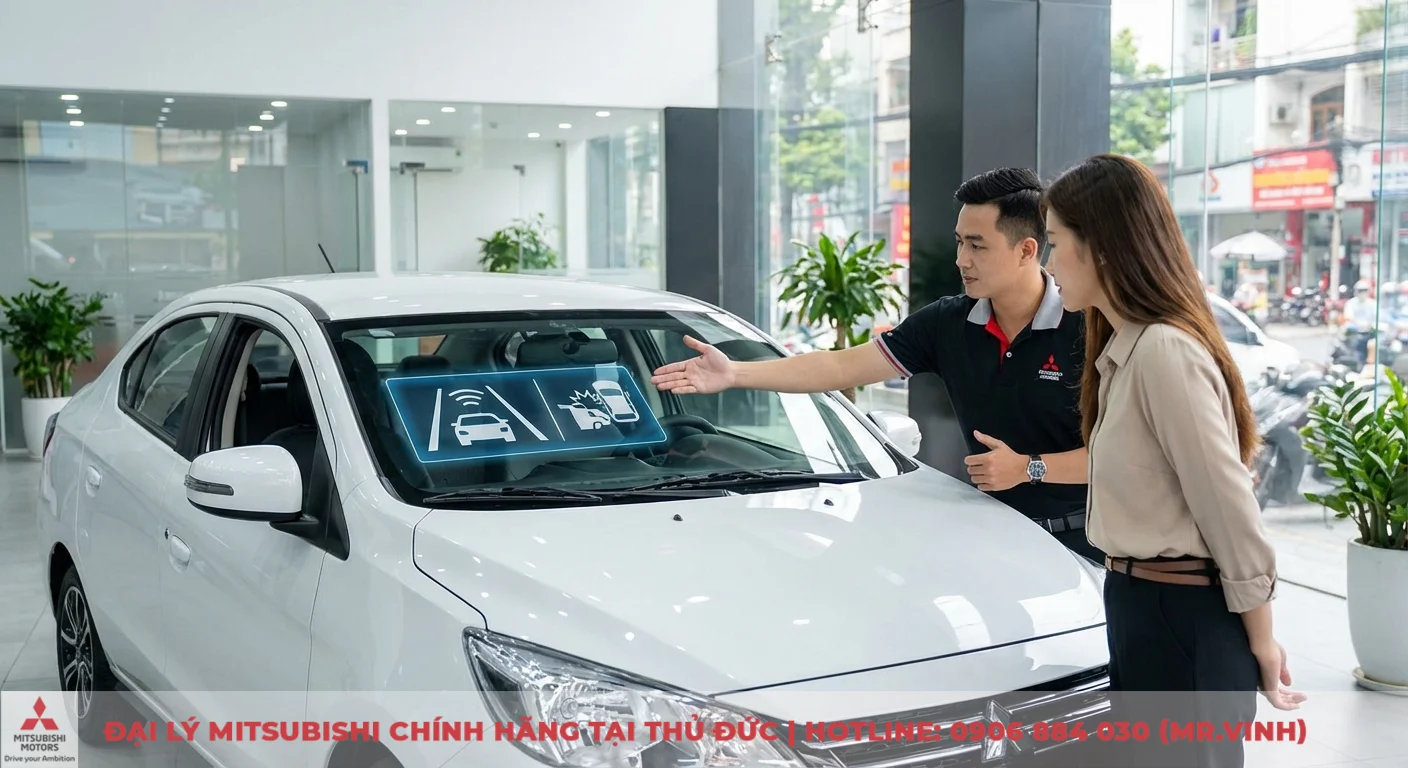 C&ocirc;ng nghệ an to&agrave;n chủ động v&agrave; hỗ trợ l&aacute;i được nh&acirc;n vi&ecirc;n giới thiệu tr&ecirc;n k&iacute;nh chắn gi&oacute; xe hơi, minh họa bảo vệ tối đa