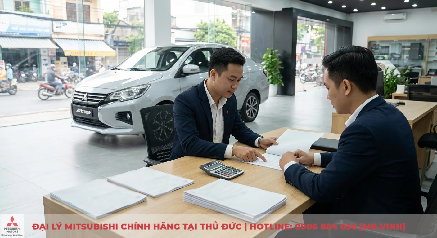 Kh&aacute;ch h&agrave;ng v&agrave; nh&acirc;n vi&ecirc;n tư vấn đang t&iacute;nh to&aacute;n gi&aacute; lăn b&aacute;nh v&agrave; chi ph&iacute; sở hữu xe Mitsubishi Attrage tại TP.HCM