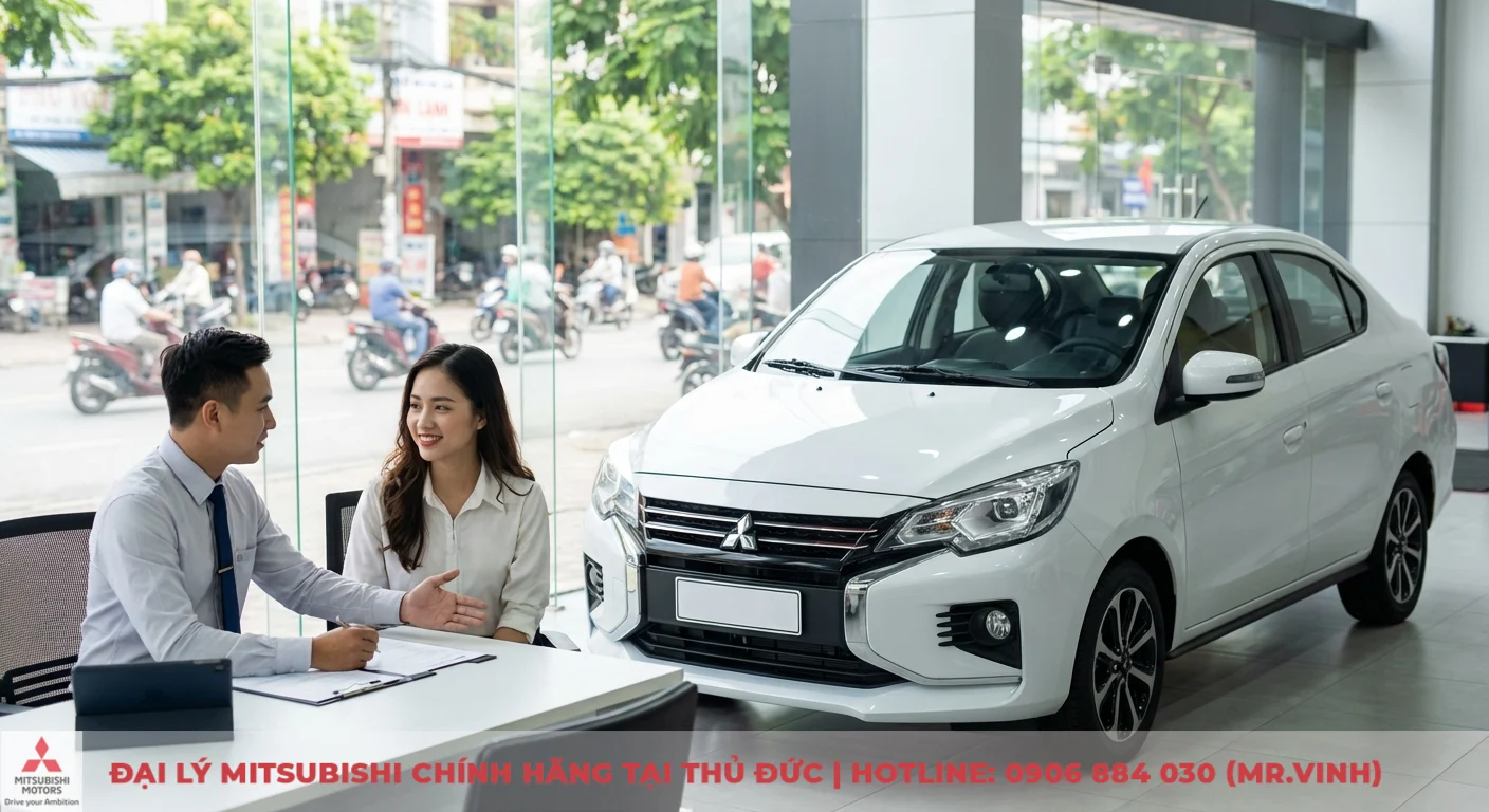 Mitsubishi Attrage 2026 m&agrave;u trắng tại showroom, nh&acirc;n vi&ecirc;n tư vấn hỗ trợ kh&aacute;ch h&agrave;ng nữ đưa ra lựa chọn ph&ugrave; hợp