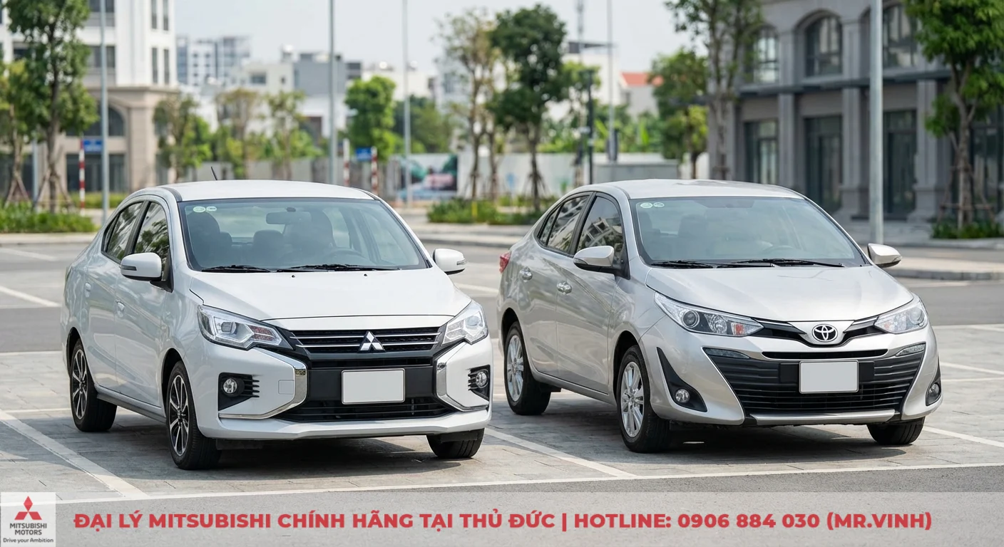 Mitsubishi Attrage m&agrave;u trắng v&agrave; Toyota Vios m&agrave;u bạc đỗ cạnh nhau, thể hiện sự cạnh tranh trong ph&acirc;n kh&uacute;c sedan hạng B