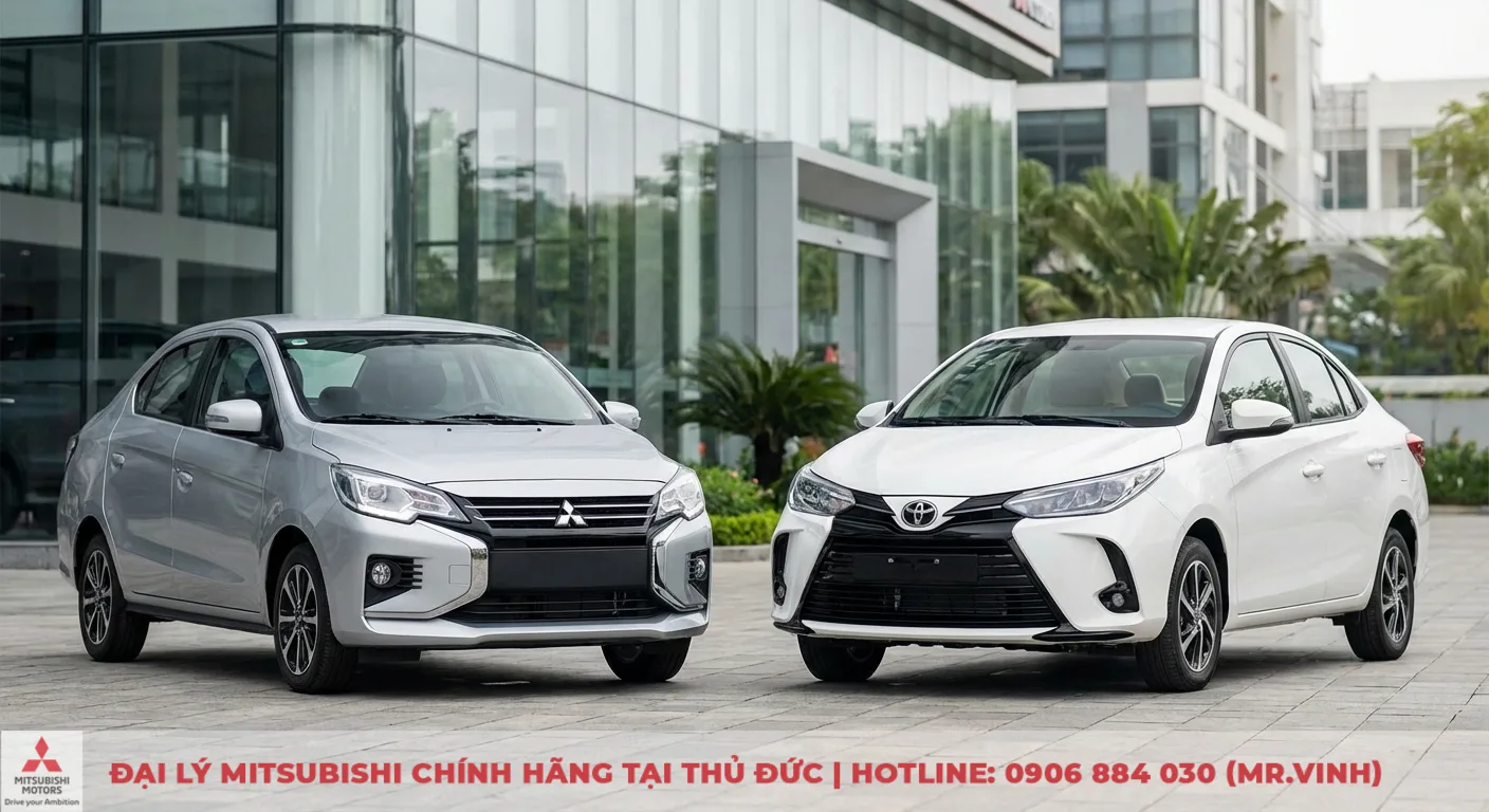 So s&aacute;nh ngoại thất Mitsubishi Attrage Dynamic Shield m&agrave;u bạc v&agrave; Toyota Vios phong c&aacute;ch trẻ trung m&agrave;u trắng