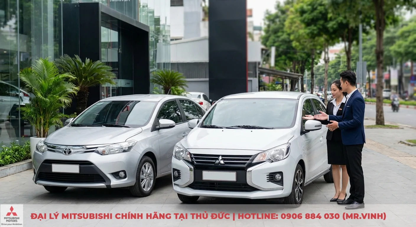 Mitsubishi Attrage trắng v&agrave; Toyota Vios bạc đỗ cạnh nhau, chuy&ecirc;n gia đang tư vấn kh&aacute;ch h&agrave;ng chọn mẫu xe ph&ugrave; hợp