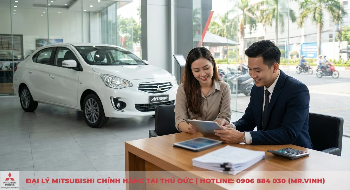 Kh&aacute;ch h&agrave;ng xem x&eacute;t chi ph&iacute; sở hữu v&agrave; khả năng giữ gi&aacute; Mitsubishi Attrage c&ugrave;ng nh&acirc;n vi&ecirc;n tư vấn tại showroom