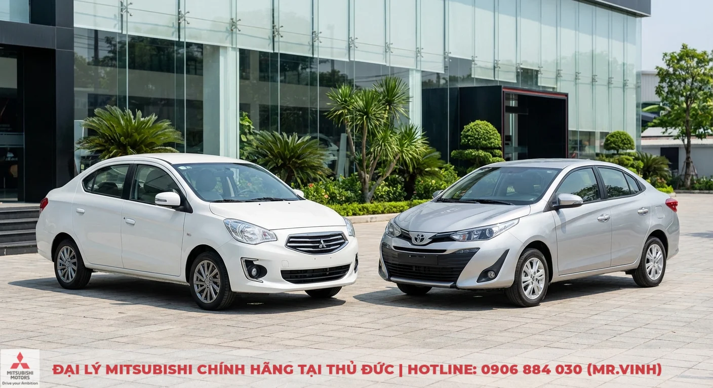 Mitsubishi Attrage 2026 m&agrave;u trắng v&agrave; Toyota Vios m&agrave;u bạc minh họa lựa chọn xe tại Mitsubishi S&agrave;i G&ograve;n 3S