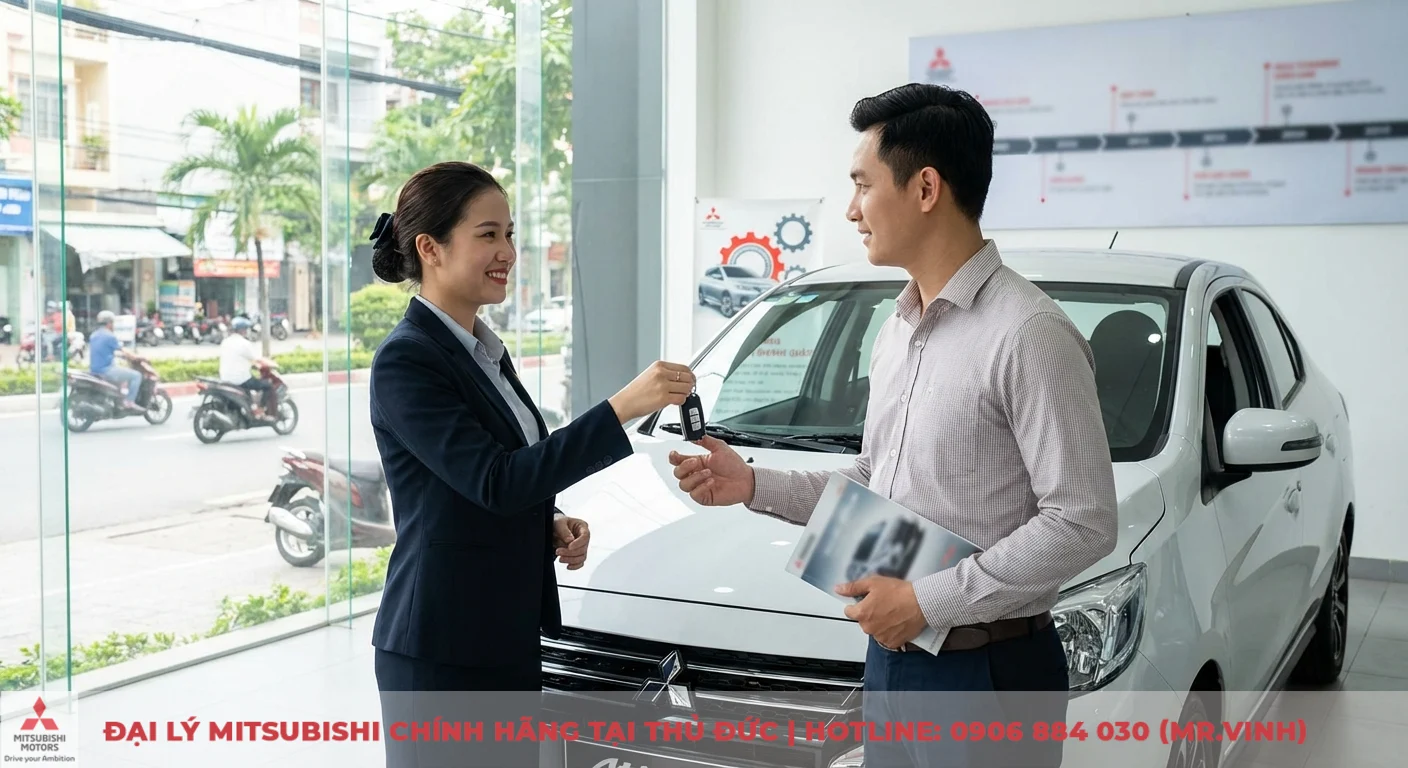 Kh&aacute;ch h&agrave;ng nhận ch&igrave;a kh&oacute;a Mitsubishi Attrage tại đại l&yacute;, thời điểm khởi đầu ch&iacute;nh s&aacute;ch bảo h&agrave;nh ti&ecirc;u chuẩn