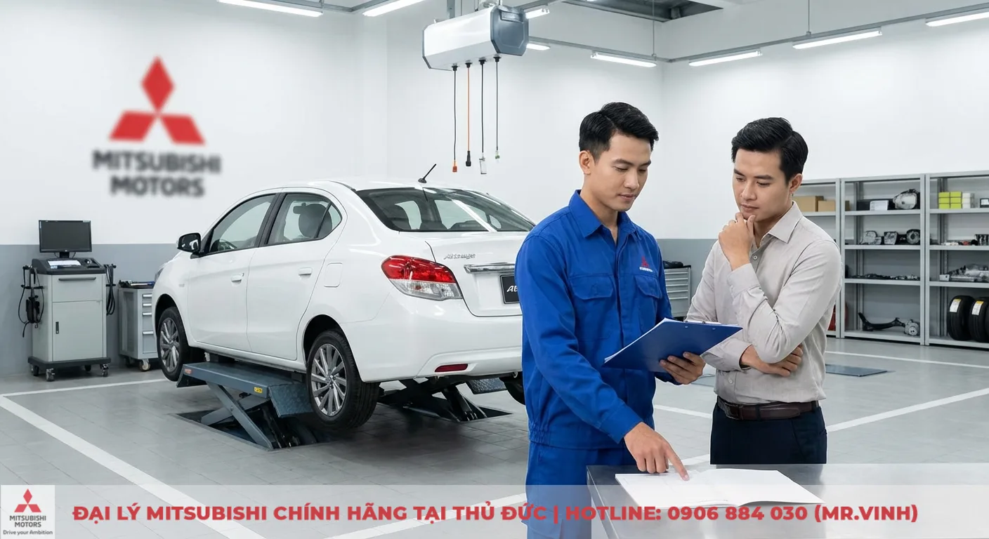Kỹ thuật vi&ecirc;n v&agrave; kh&aacute;ch h&agrave;ng thảo luận điều kiện bảo h&agrave;nh xe Attrage khi bảo dưỡng định kỳ tại xưởng dịch vụ Mitsubishi