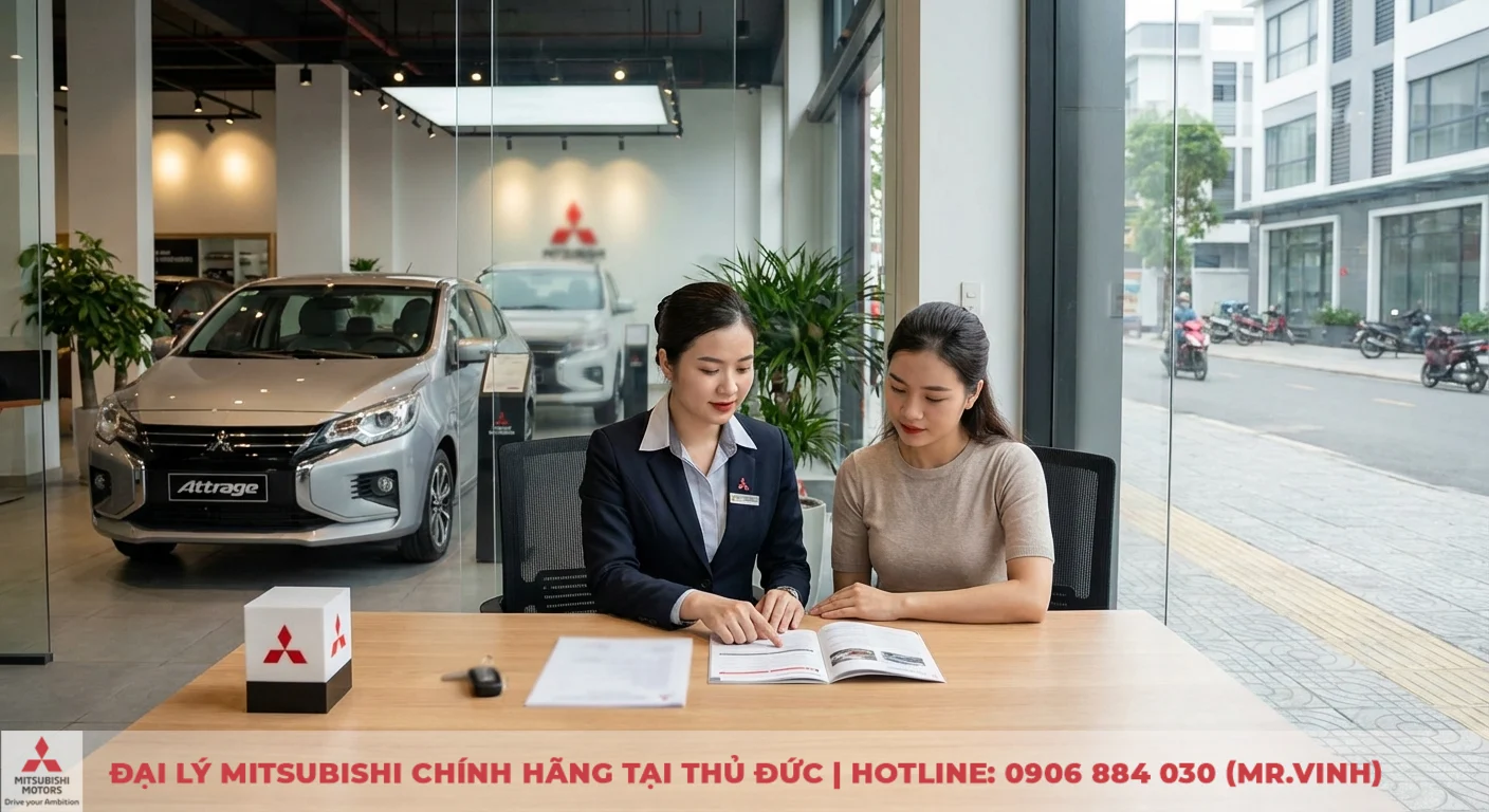 Tư vấn vi&ecirc;n đại l&yacute; Mitsubishi Attrage 2026 đang giải th&iacute;ch ch&iacute;nh s&aacute;ch bảo h&agrave;nh đặc biệt cho kh&aacute;ch h&agrave;ng